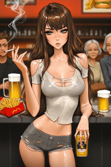 Michelle Trachtenberg, 20 year old woman,  1girl, skinny,  shiny brown hair, gray eyes, eyeliner,   seductive, torn up jean shorts, , sam yang, shirow masamune art style, masterpiece, best quality, very aesthetic, movie quality, depth of field, soft satura...