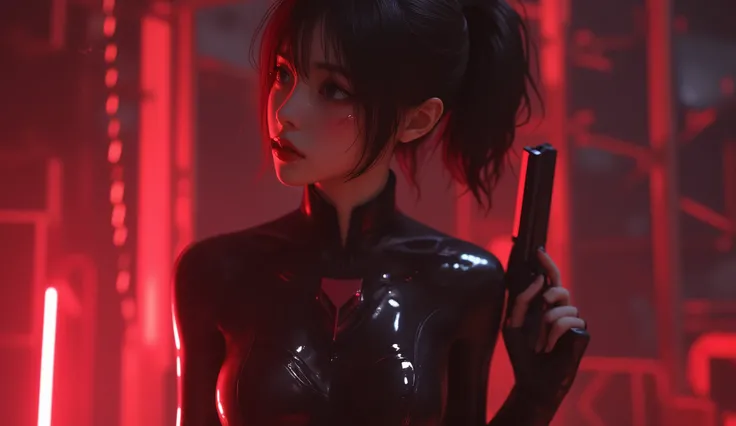 looking away, anime, 1girl , difficult 、 sexy pose, Asian Beauty , Perfect Style, perfect body, small head , frown, realistic skin, anatomically correct, sweat, She's wearing a shiny black rider suit , ( she has her back in close contact with the wall:1...