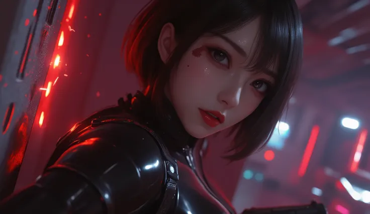 looking away, anime, 1girl , difficult 、 sexy pose, Asian Beauty , Perfect Style, perfect body, small head , frown, realistic skin, anatomically correct, sweat, She's wearing a shiny black rider suit , ( she has her back in close contact with the wall:1...