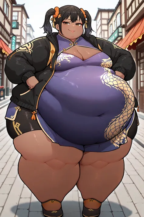 masterpiece, best quality,1girl, solo, Ling Xiaoyu, multicolored hair, black hair, twin tails, brown eyes, lips, dark skin, Asian, shirt, long sleeves, hair ornament, ribbon, hair ribbon, open clothes, shorts, open jacket, black jacket, black shorts, Chine...