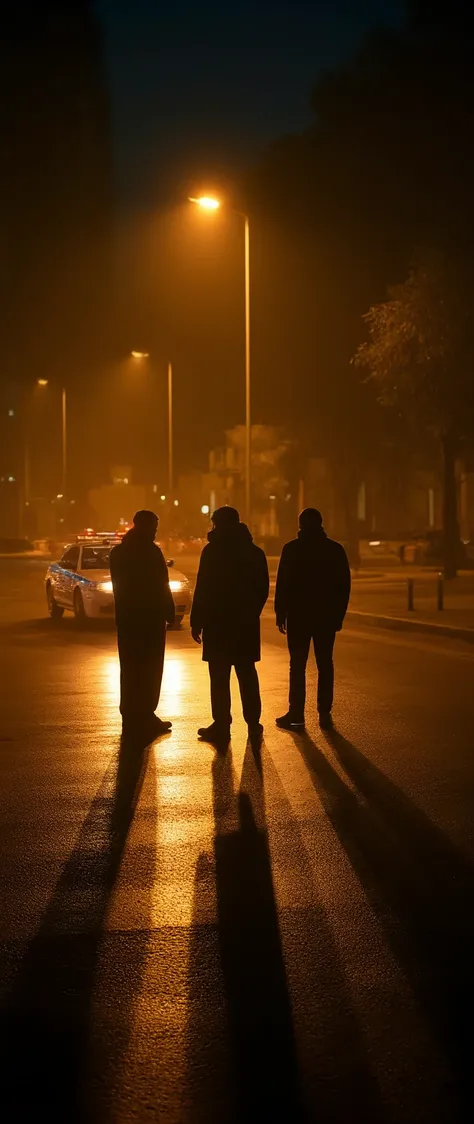 high-definition images、Under the city street lights at night、The shadows of the 4 people wobble、and I can only see shadows on the other side of the patrol car、
