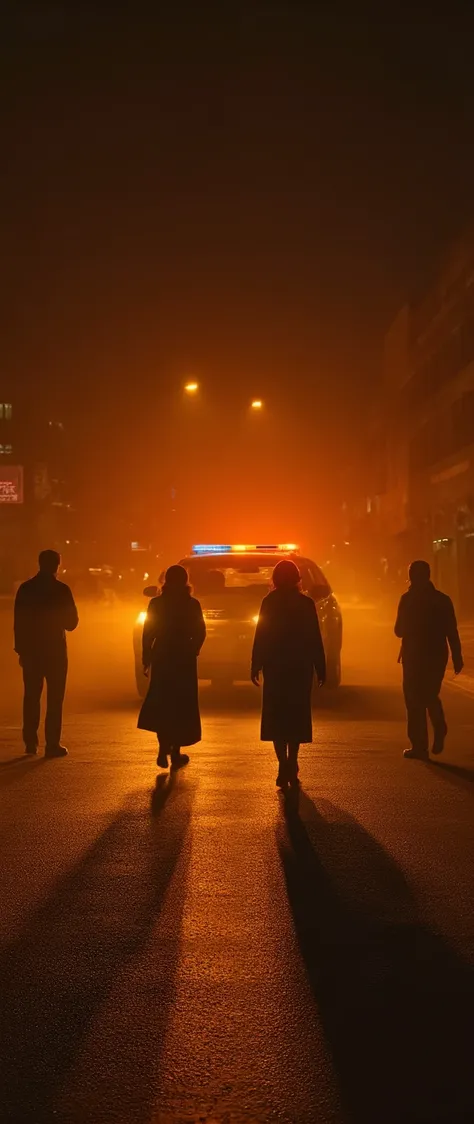high-definition images、Under the city street lights at night、The shadows of the 4 people wobble、and I can only see shadows on the other side of the patrol car、