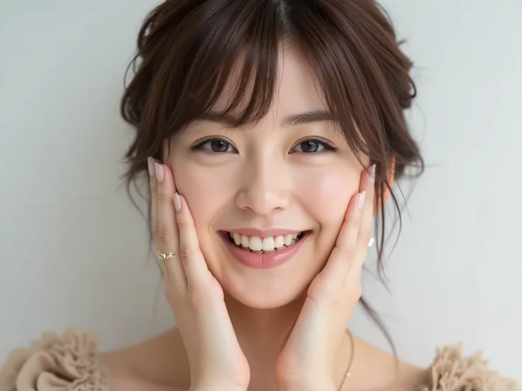 (Refined from an old photo, recreated in a modern, ultra high-quality photorealistic style, with a trendy Reiwa-era hairstyle: soft semi-long hair with natural waves and airy see-through bangs), 
Ultra photorealistic close-up portrait of a beautiful Japane...