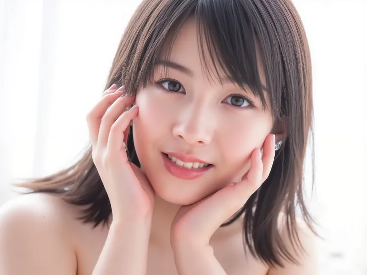 (Refined from an old photo, recreated in a modern, ultra high-quality photorealistic style, with a trendy Reiwa-era hairstyle: soft semi-long hair with natural waves and airy see-through bangs), 
Ultra photorealistic close-up portrait of a beautiful Japane...