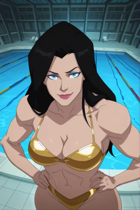 BREAK, score_6_up, score_7_up, score_8_up, score_9, 1girl, solo, long hair, blue eyes, black hair, bare shoulders, blue eyes, muscular female, midriff, bare shoulders, lipstick, makeup, wwBl00d, very large breasts, busty, cleavage, curvy, athletic, looking...