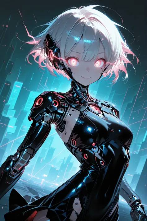 mechanical girl, cyberpunk,neonlight,shiny,mecha musume,top,score_9, score_8_up, score_7_up,,gew,glowing eyes,,eye trail,,a cyborg girl looking at the observer and smiling, cybernetic android woman, cheerful expression, Perfect face, bright eyes, charming ...