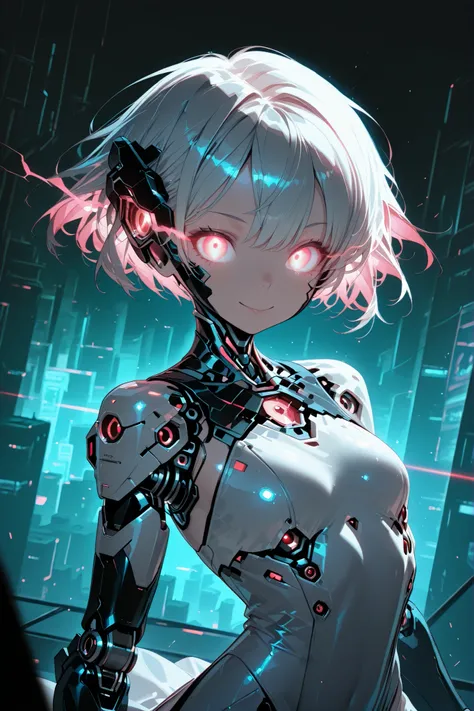 mechanical girl, cyberpunk,neonlight,shiny,mecha musume,top,score_9, score_8_up, score_7_up,,gew,glowing eyes,,eye trail,,a cyborg girl looking at the observer and smiling, cybernetic android woman, cheerful expression, Perfect face, bright eyes, charming ...