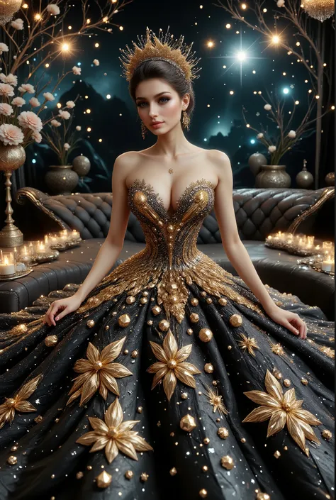 A high-resolution, detailed 3D rendering style. A young woman with big bobs, douyin-style makeup, adorned in a lavish gown, strapless dress, is seated against the backdrop of an elegant, tufted sofa. Her gown is striking, with a shimmering bodice adorned w...