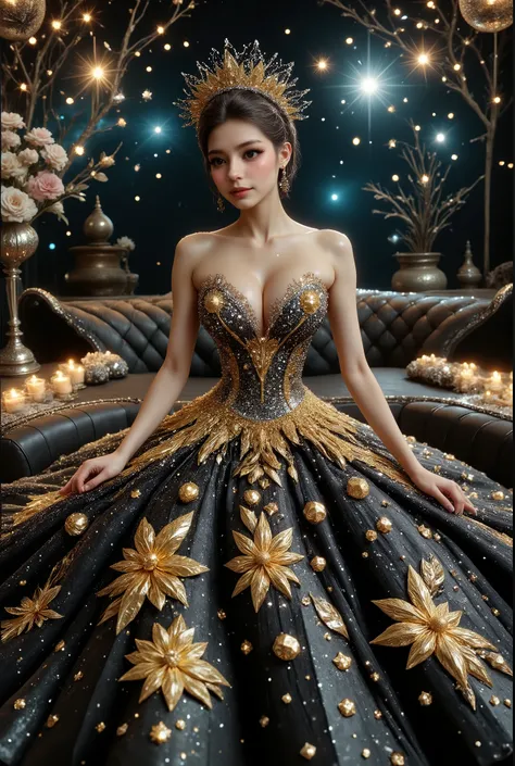 A high-resolution, detailed 3D rendering style. A young woman with big bobs, douyin-style makeup, adorned in a lavish gown, strapless dress, is seated against the backdrop of an elegant, tufted sofa. Her gown is striking, with a shimmering bodice adorned w...