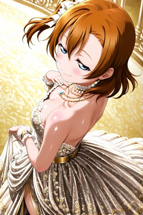 ,Love live, love live official artwork,shiny skin, sheer fabrics,Kousaka honoka, deep v-back dress, embroidered gown, elegant embroidery, royal fashion, luxurious fabric, silk dress, velvet dress, crystal embellishments, waist belt, flowing skirt, side sli...