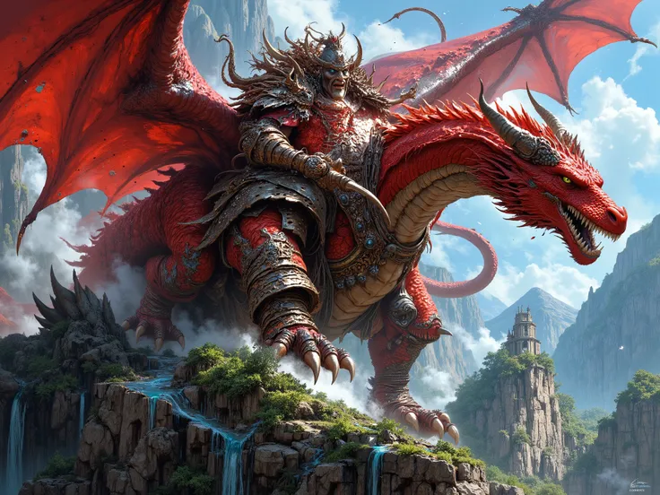 masterpiece, excellent quality, best quality, 1 red dragon flying towards an island floating in the air. On the dragon's back is an orc man brandishing a whip.