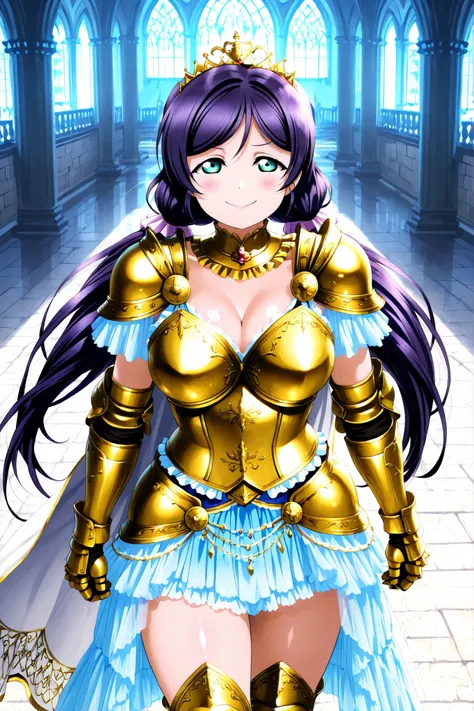 ,Love live, love live official artwork,shiny skin, sheer fabrics, toujo nozomi, large breasts, elegant armored warrior, ornate armor, silver and gold armor, embossed chestplate, decorated pauldrons, armored gauntlets, greaves, waist-length cape, royal diad...