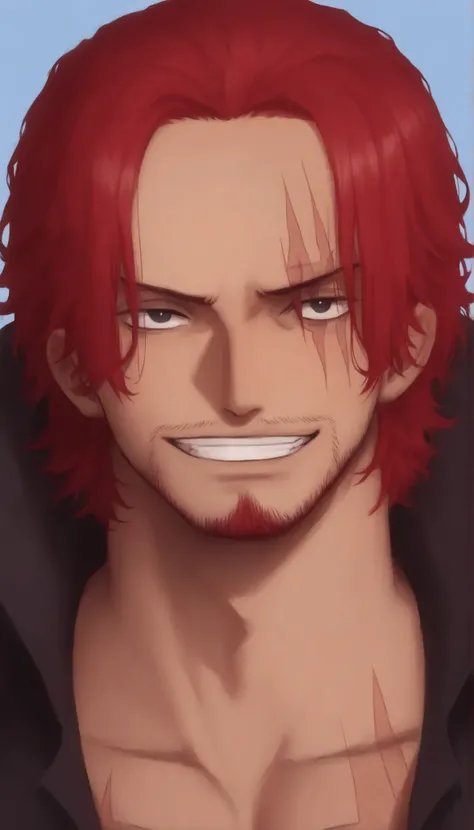 1boy, black eyes, red hair, cape, shirt, partially unbuttoned, facial hair, scar, full body, rathairshanks,