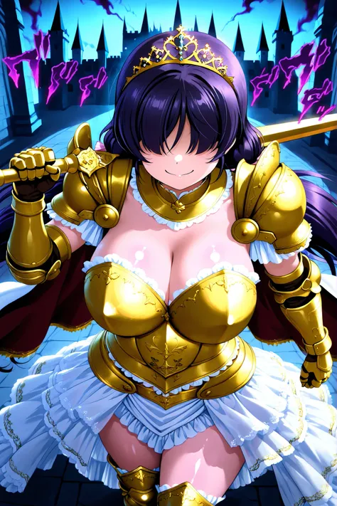 ,Love live, love live official artwork,shiny skin, sheer fabrics, toujo nozomi, big breasts, elegant armored warrior, ornate armor, pitch and gold armor, embossed chestplate, decorated pauldrons, armored gauntlets, greaves, waist-length cape, royal diadem,...
