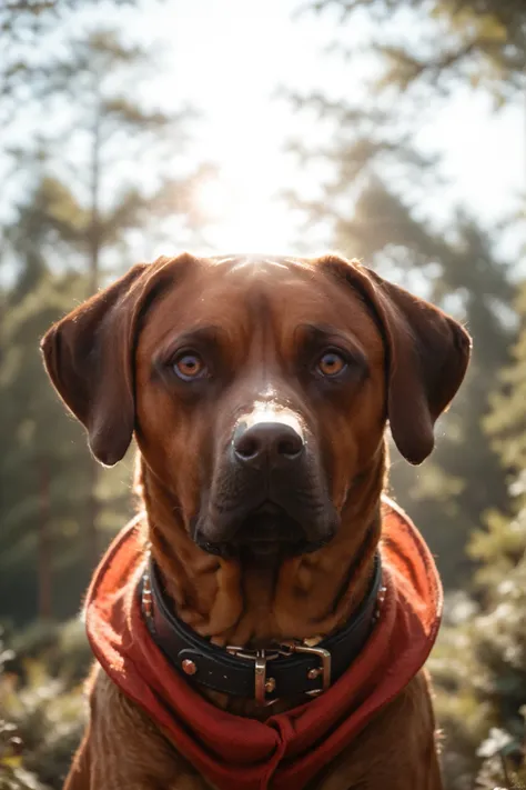 detailxl, highres, masterpiece, creative, amazing lighting, magical, fantasy, depth of field, rule of thirds, off-center. dynamic angle, top quality, very aesthetic, vivid, bloom. a (rhodesian ridgeback dog) on a forest path wearing thick red leather colla...