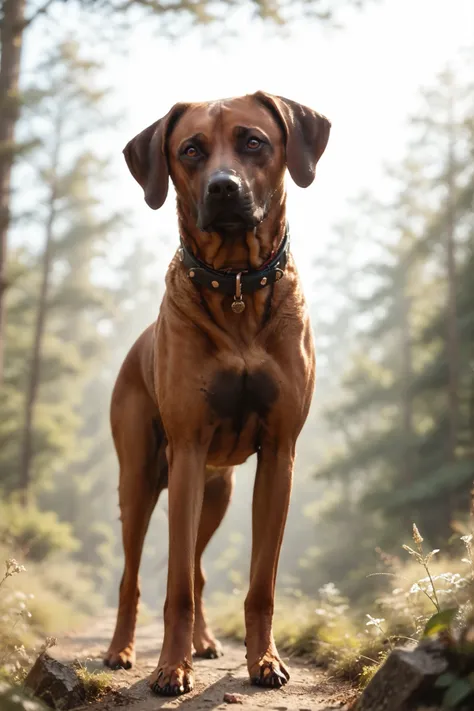 detailxl, highres, masterpiece, creative, amazing lighting, magical, fantasy, depth of field, rule of thirds, off-center. dynamic angle, top quality, very aesthetic, vivid, bloom. a (rhodesian ridgeback dog) on a forest path wearing thick red leather colla...
