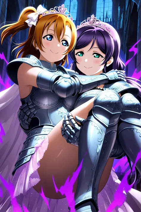,Love live, love live official artwork,shiny skin, sheer fabrics, toujo nozomi, kousaka honoka,big breasts, elegant armored warrior, ornate armor, embossed chestplate, decorated pauldrons, armored gauntlets, greaves, waist-length cape, royal diadem, warrio...