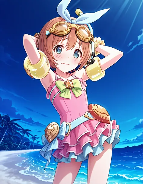 pcrkrmi, short hair, brown hair, hairband, hair ribbon, blue eyes, pkrmsum, blue ribbon, snorkel, goggles on head, pink one-piece swimsuit, frilled one-piece swimsuit, green bowtie, star brooch, wrist scrunchie, inflatable armbands, anime screencap, high q...