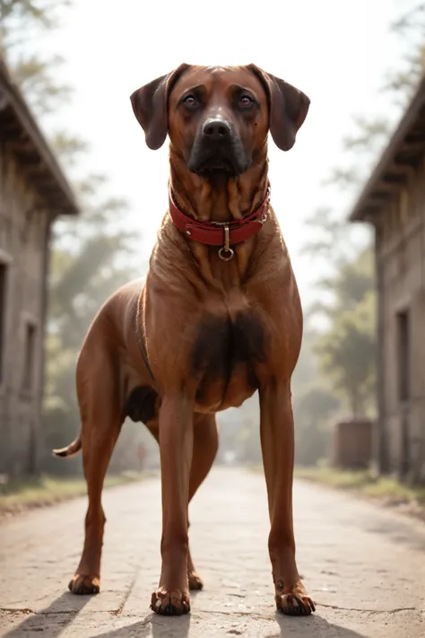 detailxl, highres, masterpiece, creative, amazing lighting, magical, fantasy, depth of field, rule of thirds, off-center. dynamic angle, top quality. a (rhodesian ridgeback dog) on a savannah path wearing thick red leather collar.  rim light, (rhodesian_ri...
