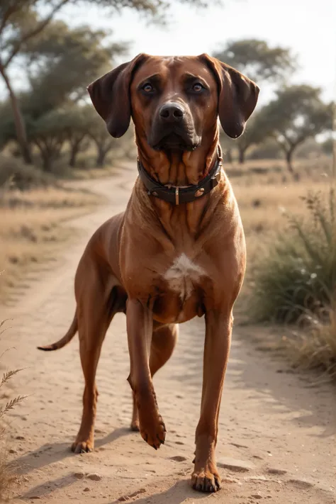 detailxl, highres, masterpiece, creative, amazing lighting, magical, fantasy, depth of field, rule of thirds, off-center. dynamic angle, top quality. a (rhodesian ridgeback dog) on a sandy path wearing thick red leather collar.  rim light, (rhodesian_ridge...