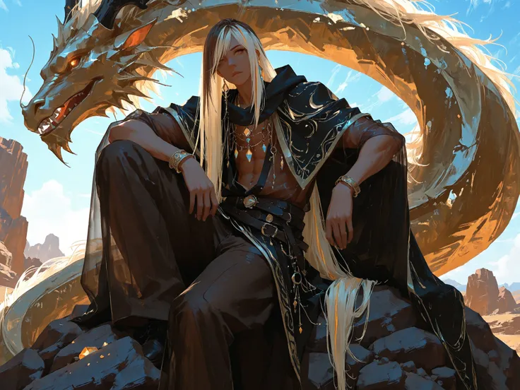 medium shot, front shot, makes an aesthetic, Master piece, Best Quality, ultra detailed, a handsome man, (man:1.6), solo, (male:1.6) absurdly long hair, silky straight hair, male glowing platinum blonde hair, (male:1.6) swept bangs, gold streaked hair, bea...