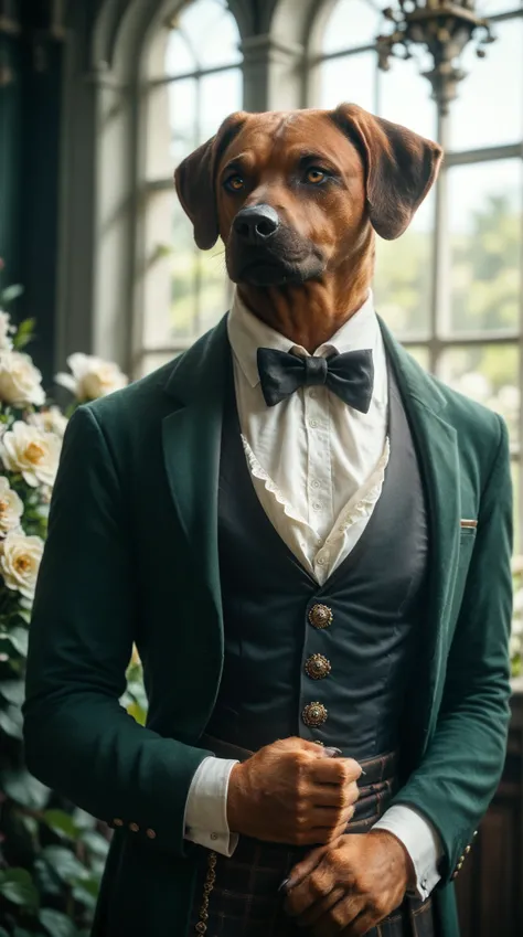 handsome man standing in a dark green suit with white vest. Set against an Victorian backdrop that is covered in flowers. rhodesian ridgeback, beautiful eyes, golden eyes, paws, (red brown fur), tall, athletic, regal