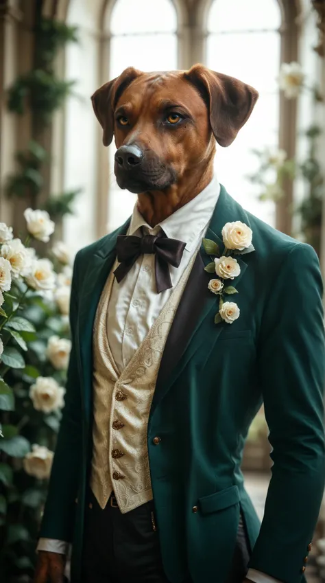 handsome man standing in a dark green suit with white vest. Set against an Victorian backdrop that is covered in flowers. rhodesian ridgeback, beautiful eyes, golden eyes, paws, (red brown fur), tall, athletic, regal, dynamic angle, dramatic lighting