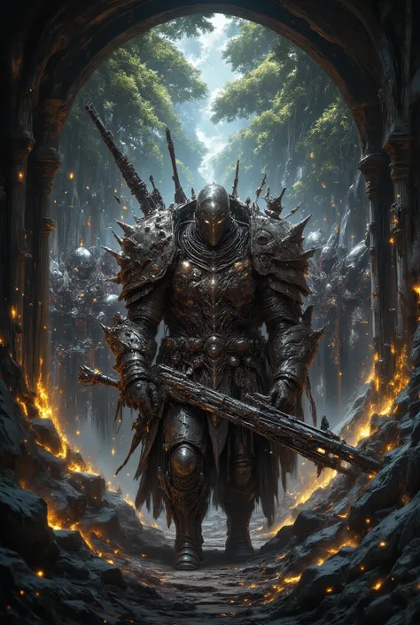 army of men inside a large technological templar armor, they hold a thick-barreled shotgun with a futuristic design and they come out of a portal with two tall pillars and enter the magical forest exploring a world of magic using technology, 8K, high quali...