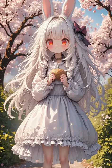 masterpiece, solo, panorama, wide shot, girl\(chibi,cute,kawaii,small ,white hair,very long hair,bangs,ear\(fluffy white bunny-ear\), bunny tail,red eye,big eye,beautiful shiny eye,skin color white,big hairbow,white frilled dress,breast,full body\),detaile...