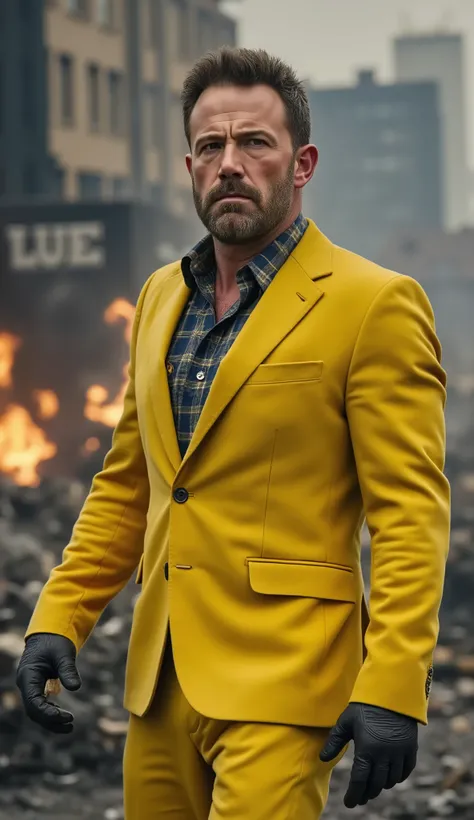 Close up Ben AFFLECK in a yellow suit
Fund: burning ruins .
Orange fire light reflecting on the mask.