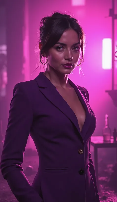 Ana de Armas in a purple suit
Fund: ruined laboratory with broken tubes.
Magenta light creating dramatic contrast.