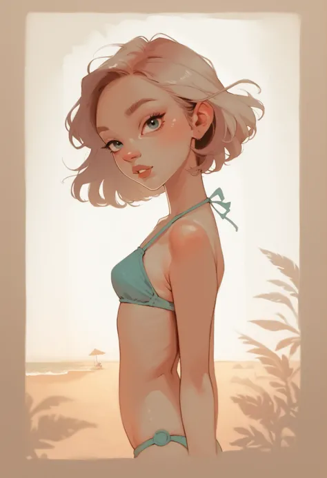 score_9, score_8_up, score_7_up, score_6_up, 1girl, darkrealmone:1.5, flat painting, petite, skinny, bikini, side view, looking at viewer, beach, palms, backlight