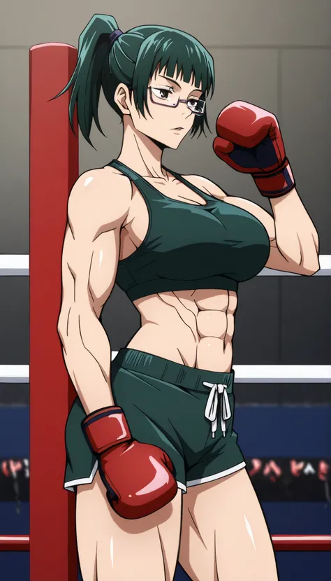masterpiece,best quality,great quality, 1girl , solo, maki zenin (jujutsu kaisen) , brown eyes, glasses, green hair, ponytail, muscle, large breast, mature female, Musluna, sports bra, boxing gloves