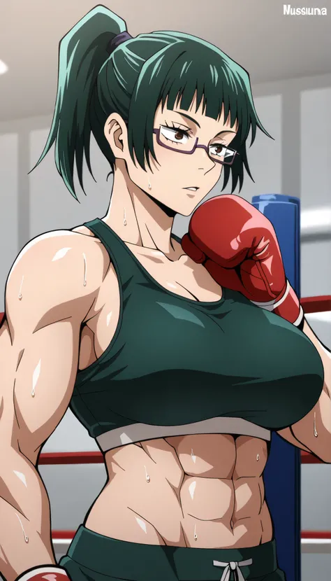 masterpiece,best quality,great quality, 1girl , solo, maki zenin (jujutsu kaisen) , brown eyes, glasses, green hair, ponytail, muscle, sweating, large breast, mature female, Musluna, sports bra, boxing gloves