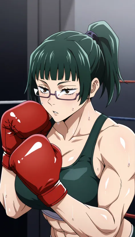 masterpiece,best quality,great quality, 1girl , solo, maki zenin (jujutsu kaisen) , brown eyes, glasses, green hair, ponytail, muscle, sweating, large breast, mature female, Musluna, sports bra, boxing gloves