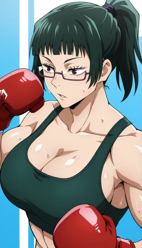 masterpiece,best quality,great quality, 1girl , solo, maki zenin (jujutsu kaisen) , brown eyes, glasses, green hair, ponytail, muscle, sweating, large breast, mature female, Musluna, sports bra, boxing gloves