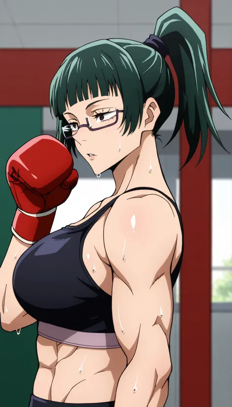 masterpiece,best quality,great quality, 1girl , solo, maki zenin (jujutsu kaisen) , brown eyes, glasses, green hair, ponytail, muscle, sweating, large breast, mature female, Musluna, sports bra, boxing gloves