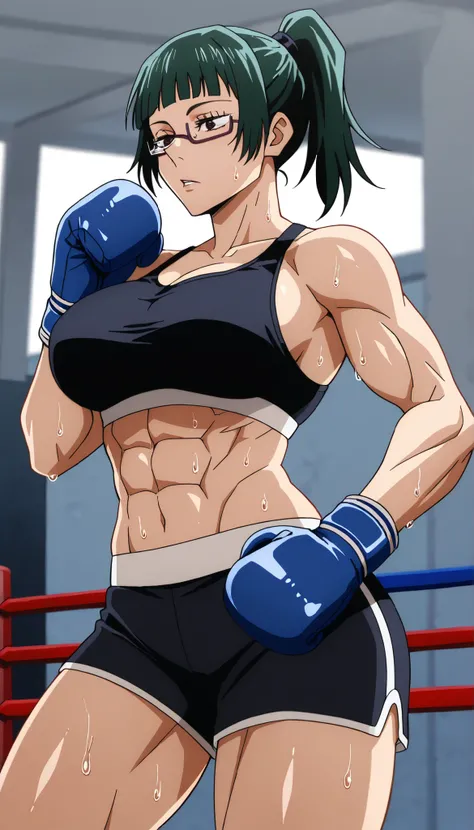 masterpiece,best quality,great quality, 1girl , solo, maki zenin (jujutsu kaisen) , brown eyes, glasses, green hair, ponytail, muscle, sweating, large breast, mature female, Musluna, sports bra, boxing gloves
