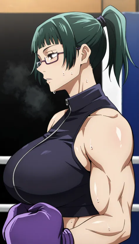 masterpiece,best quality,great quality, 1girl , solo, maki zenin (jujutsu kaisen) , brown eyes, glasses, green hair, ponytail, muscle, sweating, large breast, mature female, Musluna, sports bra, boxing gloves