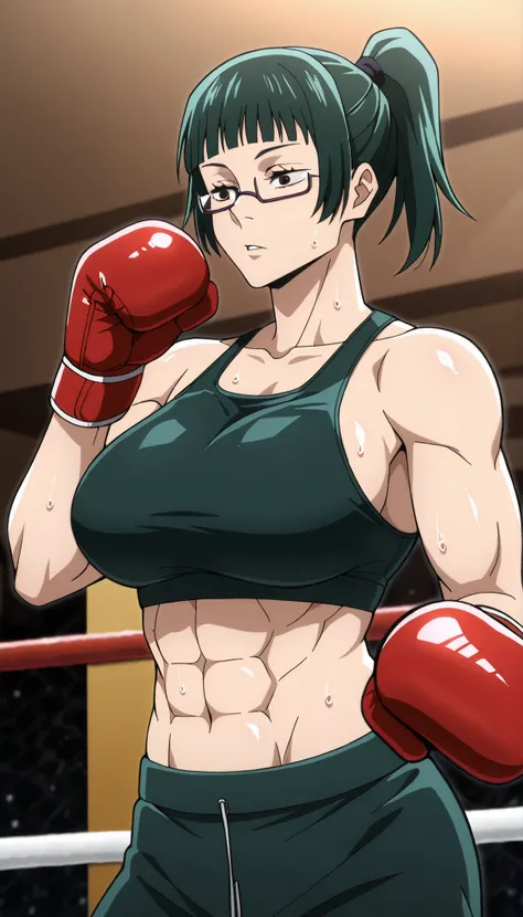 masterpiece,best quality,great quality, 1girl , solo, maki zenin (jujutsu kaisen) , brown eyes, glasses, green hair, ponytail, muscle, sweating, large breast, mature female, Musluna, sports bra, boxing gloves