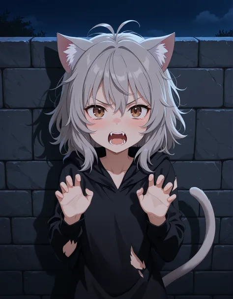 ,, 1girl, petite, (skinny and frail:0.7), cat girl, against wall, stone wall, brown eyes,looking at viewer, grey hair, medium hair, messy hair, angry, (scared:0.4), (open mouth:0.5), fangs, hands up, (tearing up:0.5), tail raised, torn clothes, straight-on...