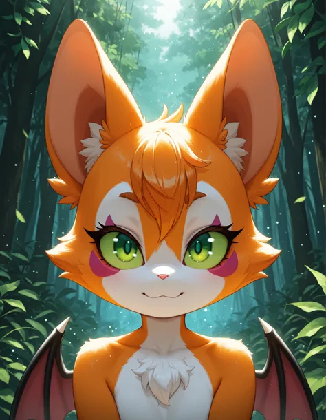 ,, masterpiece, best quality, very aesthetic, (1girl:0.7),, (solo:1.3), furry, fidget \(elysian tail\), nimbat, fidget_daet, anthro, furry female, wings, tail, green eyes, colored sclera, bat wings, facial markings, orange fur, white fur, two-tone fur,memb...