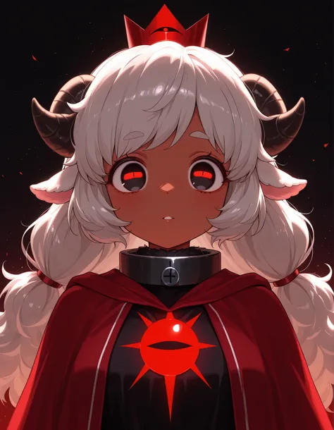 ,, masterpiece, best quality, very aesthetic, 1girl, solo, cult of the lamb, sheep girl, collar, horizontal pupils, red/black eyes, red crown,