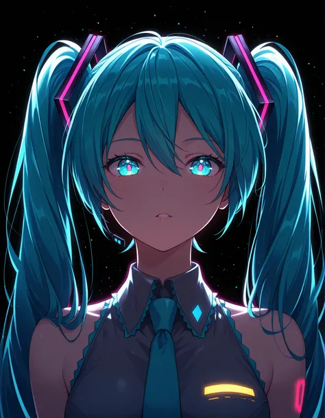 ,, Hatsune Miku,limited palette,black background,colorful,vibrant,glowing outline,neon,blacklight,looking at viewer, masterpiece, very aesthetic,