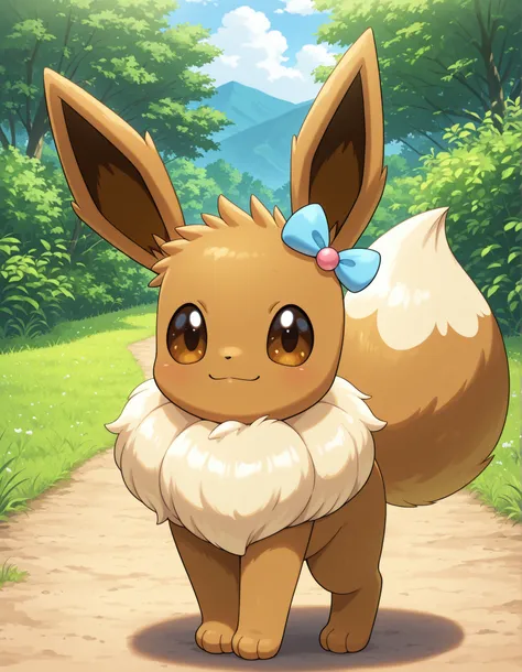 ,, pokekid, eevee, fluffy girl, furry girl, female, smile, smiling, has a big pretty bow in her hair, has animal paws for hands, 1girl, best quality, outdoors, high definition, cute,