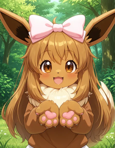 ,, pokekid, eevee, fluffy girl, furry girl, female, smile, smiling, has a big pretty bow in her hair, has animal paws for hands, 1girl, best quality, outdoors, high definition, cute,