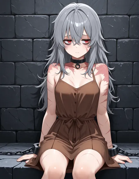 ,, stone wall background,1girl, solo, (red eyes), choker, shackles, chains, cowboy shot, open legs, sitting, feet, toes, hands on the sides, OverallDetail, komekko,, (masterpiece, best quality, absurdres), 1girl, solo, small breasts, dark gray hair, long h...