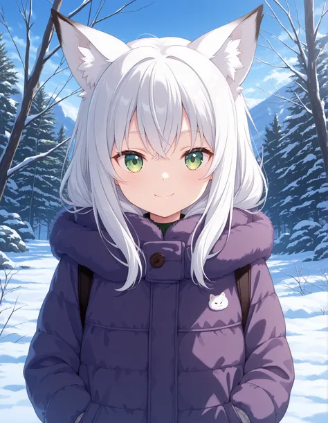 ,, anime, solo, BREAK, young fox girl, skinny and frail, (petite,cute:0.5), green eyes, looking at viewer, long hair, white hair, smile, winter clothes, outdoors, winter,