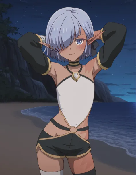 cariaerful, dark elf, dark-skinned female, short hair,  blue hair, hair over one eye, blue eyes, pointy ears, bandaged arm, black choker, burn on face, burn on side, burnt arm, flat chest,,white top,  halterneck, bare shoulders,  detached sleeves, black sh...