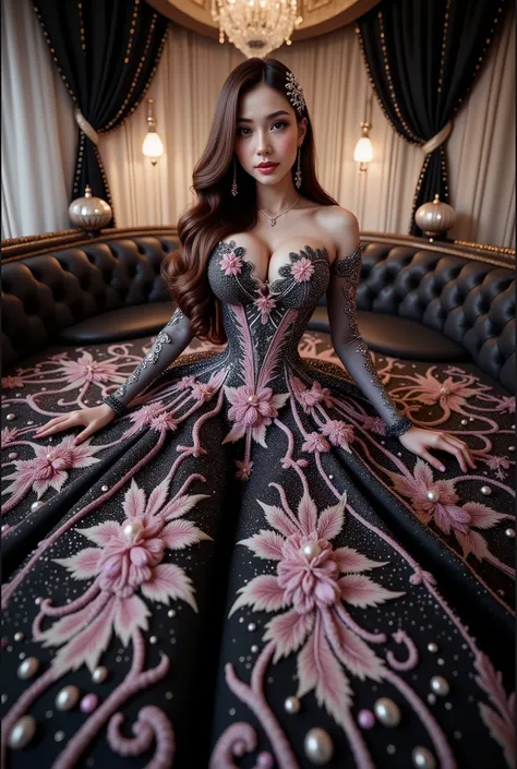A high-resolution, detailed 3D rendering style. A young woman with big bobs, douyin-style makeup, adorned in a lavish gown, strapless dress, is seated against the backdrop of an elegant, tufted sofa. Her gown is striking, with a shimmering bodice adorned w...